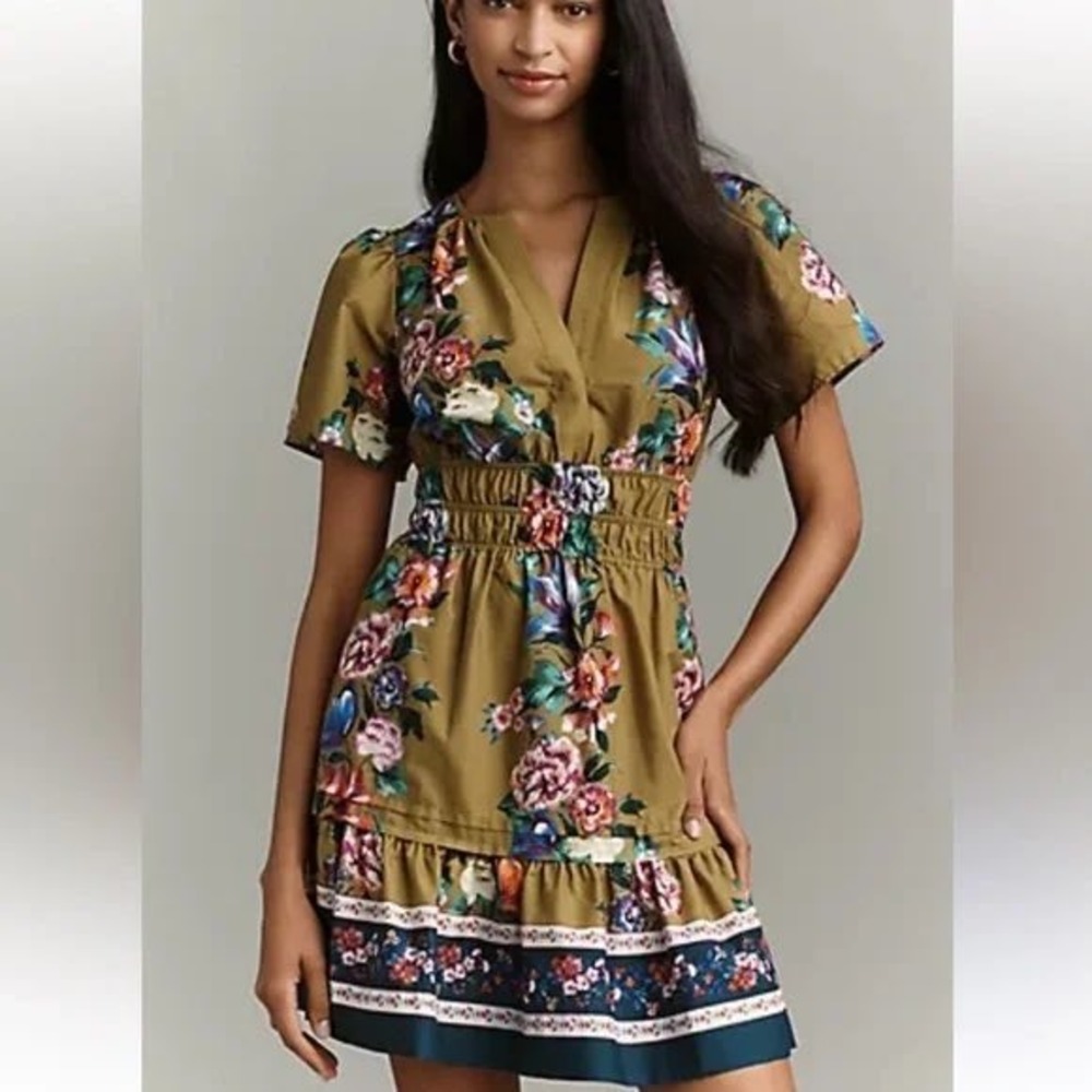 Anthropologie Somerset Floral Smocked Waist Cotton Mini Dress V-Neck Medium